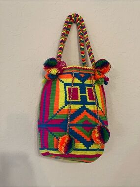 Wayuu Tribe Multicolor Handwoven Pom-Pom Bucket Bag